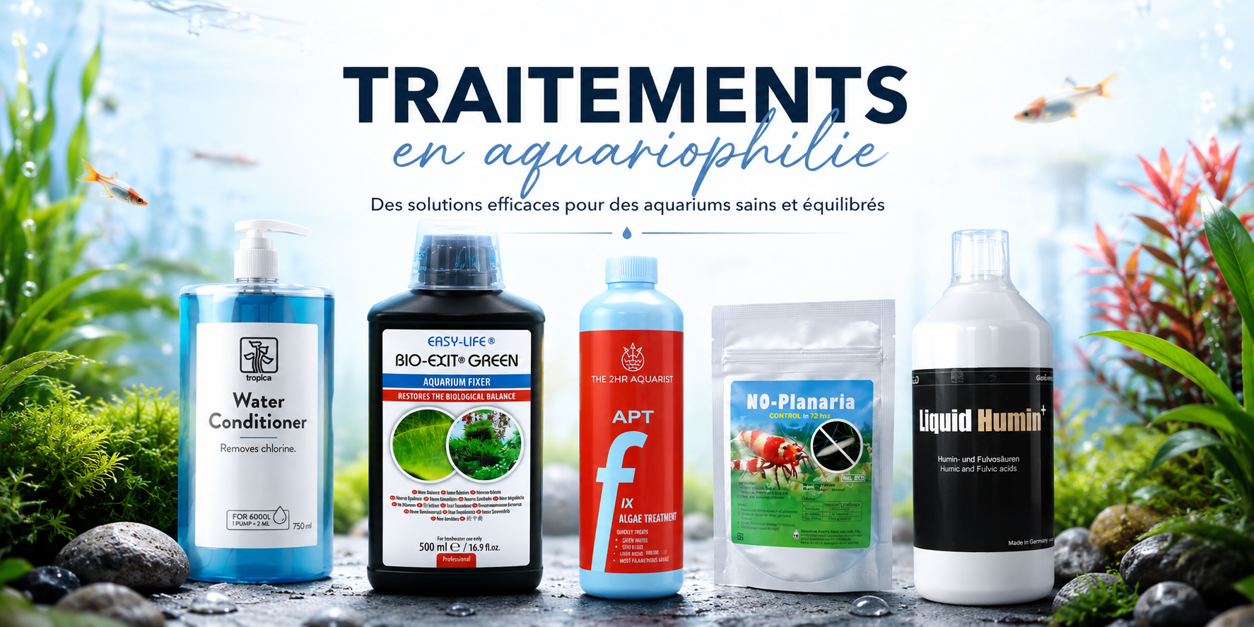 Traitements aquarium — anti-algues, parasites, bactéries et maladies Traitements aquarium - anti-algues eau verte parasites points blancs scutariella planaires bactéries crevettes poissons soins