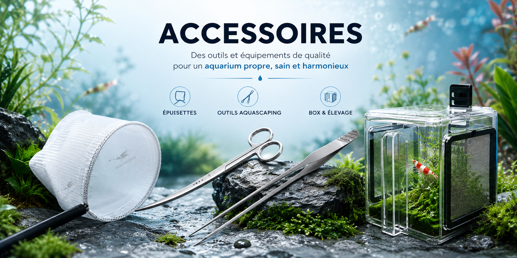 Accessoires pour aquarium — épuisettes, breeding box, outils et entretien Accessoires aquarium - épuisette breeding box outils plantation tests entretien décoration maintenance crevettes