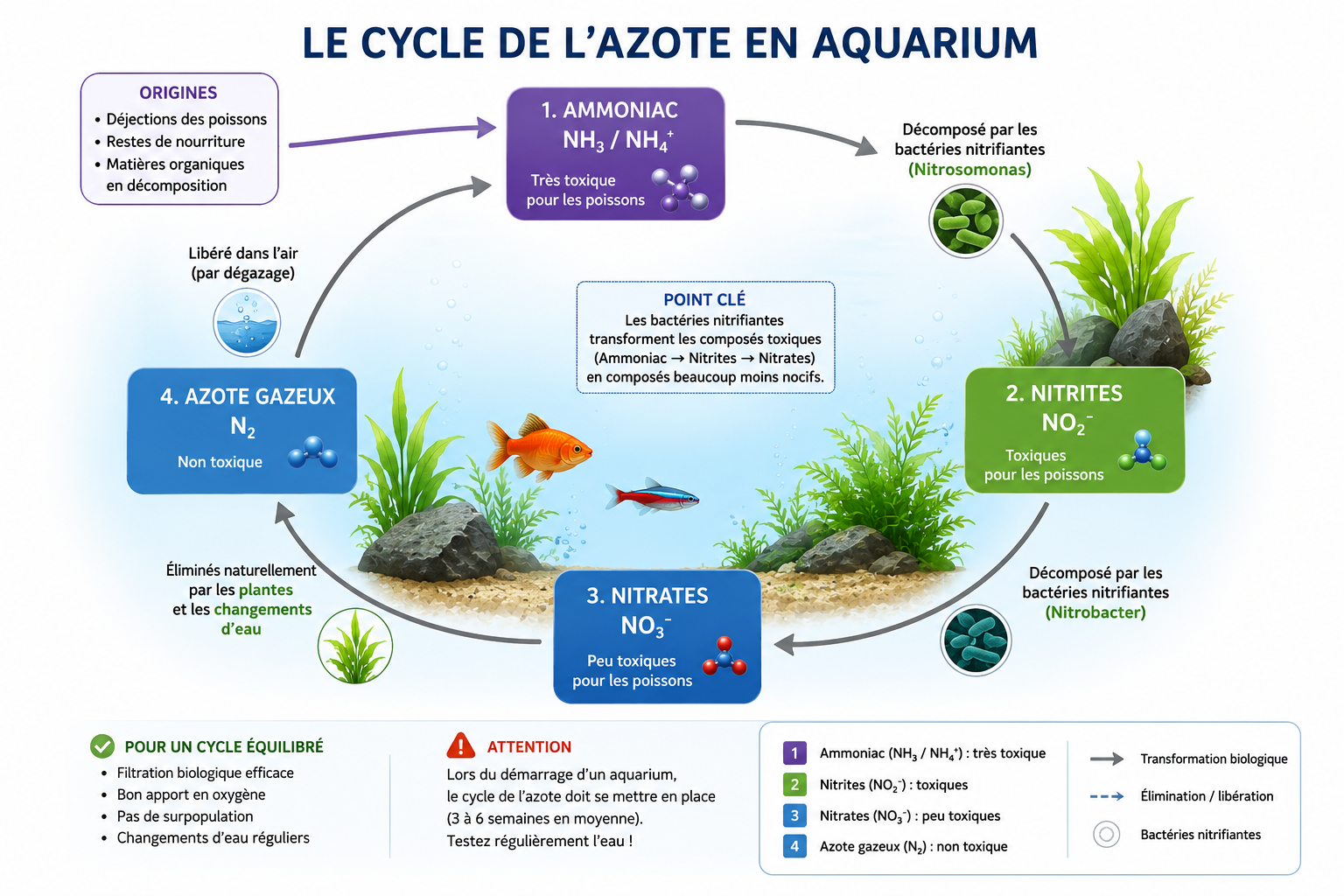Le cycle de l'azote : ammoniaque, nitrites, nitrates Cycle de l'azote aquarium schéma - ammoniaque nitrites nitrates bactéries nitrifiantes cyclage transformation déchets eau