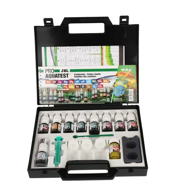 Valise de test aquarium - kit complet JBL pH GH KH nitrites nitrates coffret réactifs démarrage maintenance crevettes